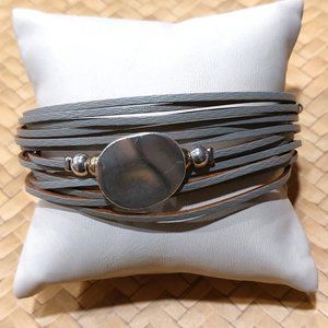 Women's 13-Strands Thin Heather Grey Leather Bracelet with Silver-Tone Accents